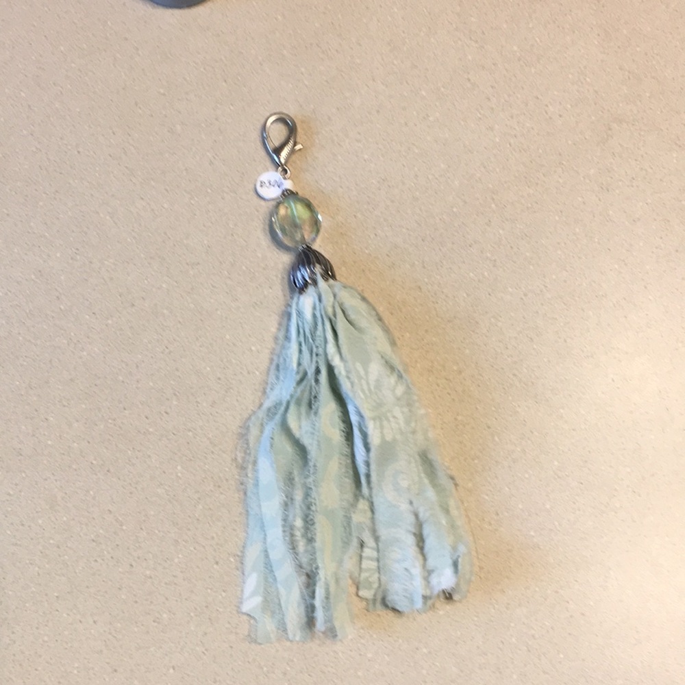 Purse charm light green print iridescent bead tassel pendant